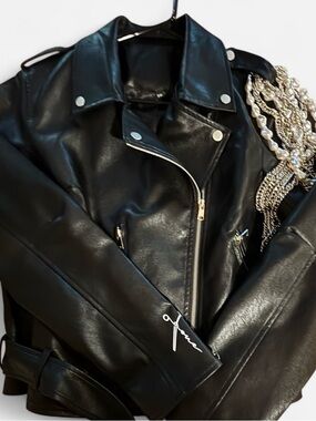 Black vegan Leather Biker Jacket with Silver Hardware Larisa Love